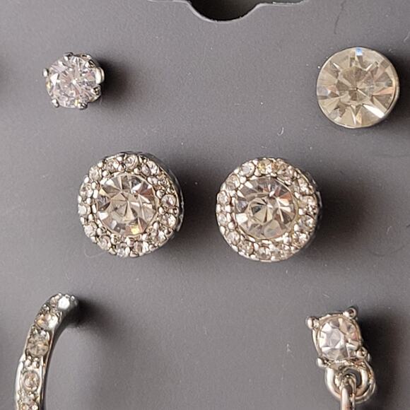 Multi-Set Earrings Clear Faux Crystal New on Card Rhinestone Dangle Hoop Studs - Picture 6 of 11